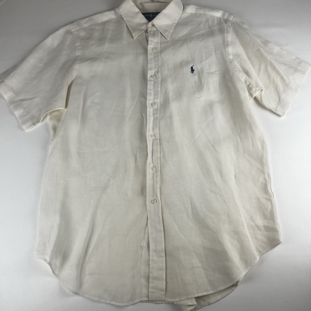 Ralph Lauren Mens Classic Fit White 100% Linen Short Sleeve Button Down Shirt L